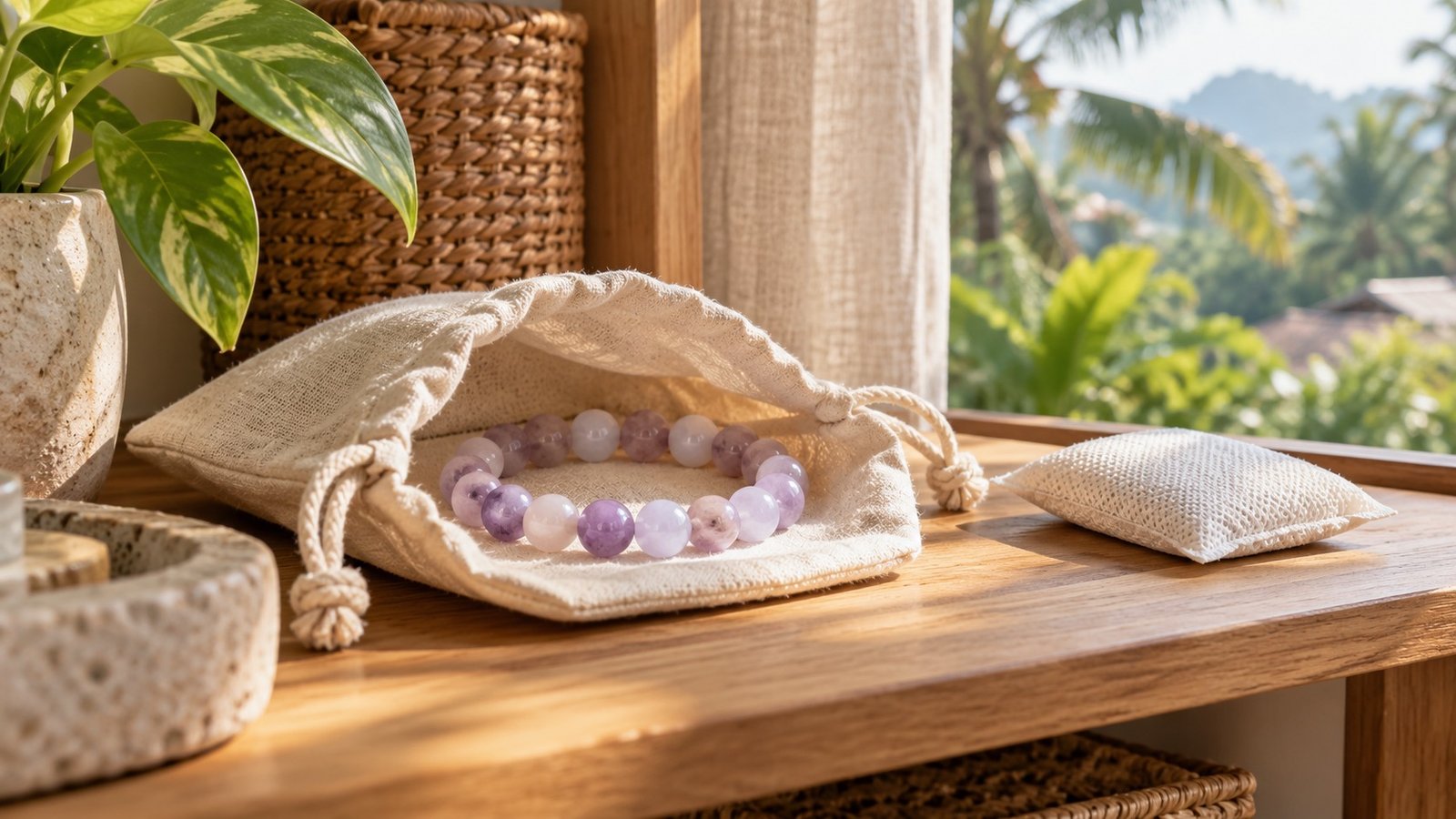 Lavender and pale bead bracelet inside an open cotton pouch on a dry shelf near a window