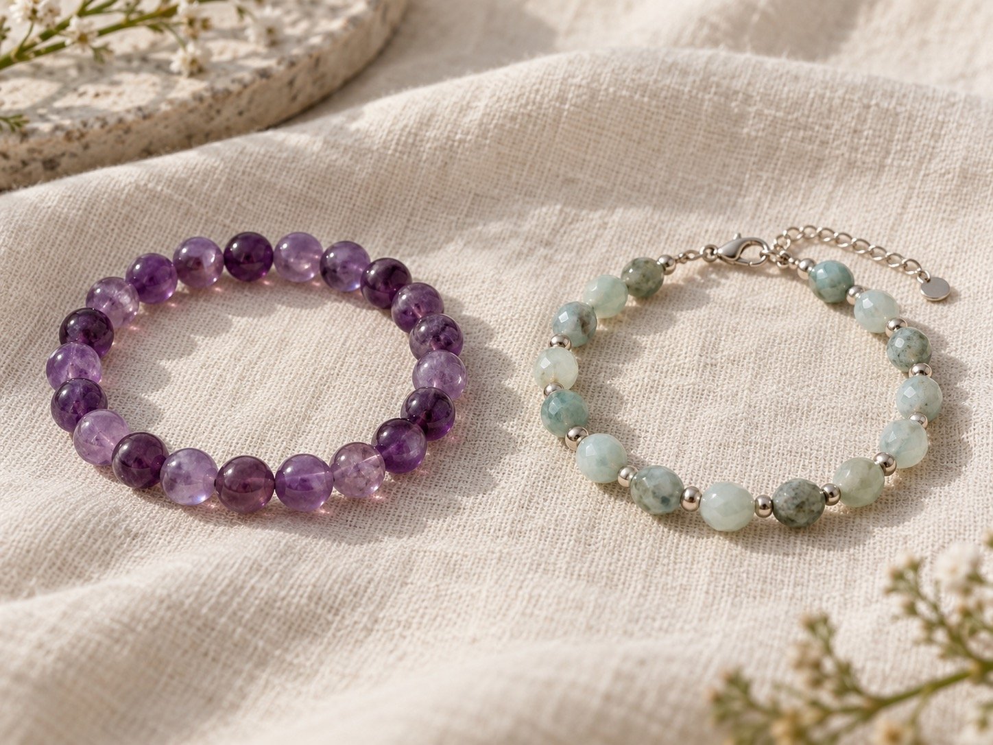 Elastic bead bracelet beside a bead bracelet with an adjustable clasp on cream fabric