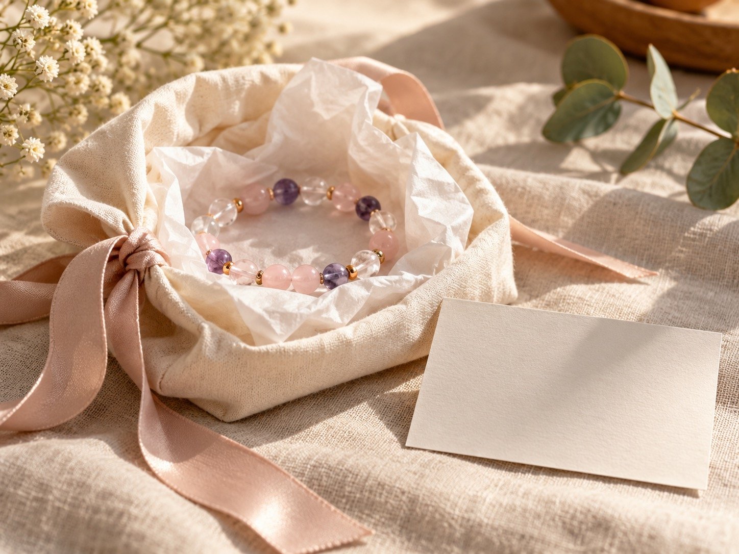 Pale crystal bead bracelet tucked into a soft gift pouch beside a blank card