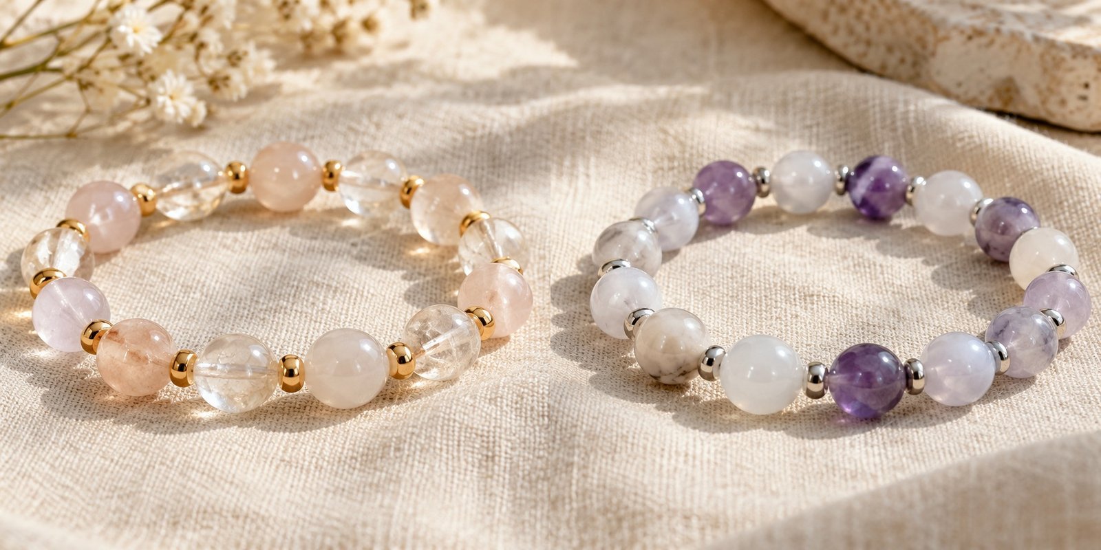 Two pale gemstone bead bracelets on linen, one with gold-tone spacers and one with silver-tone spacers