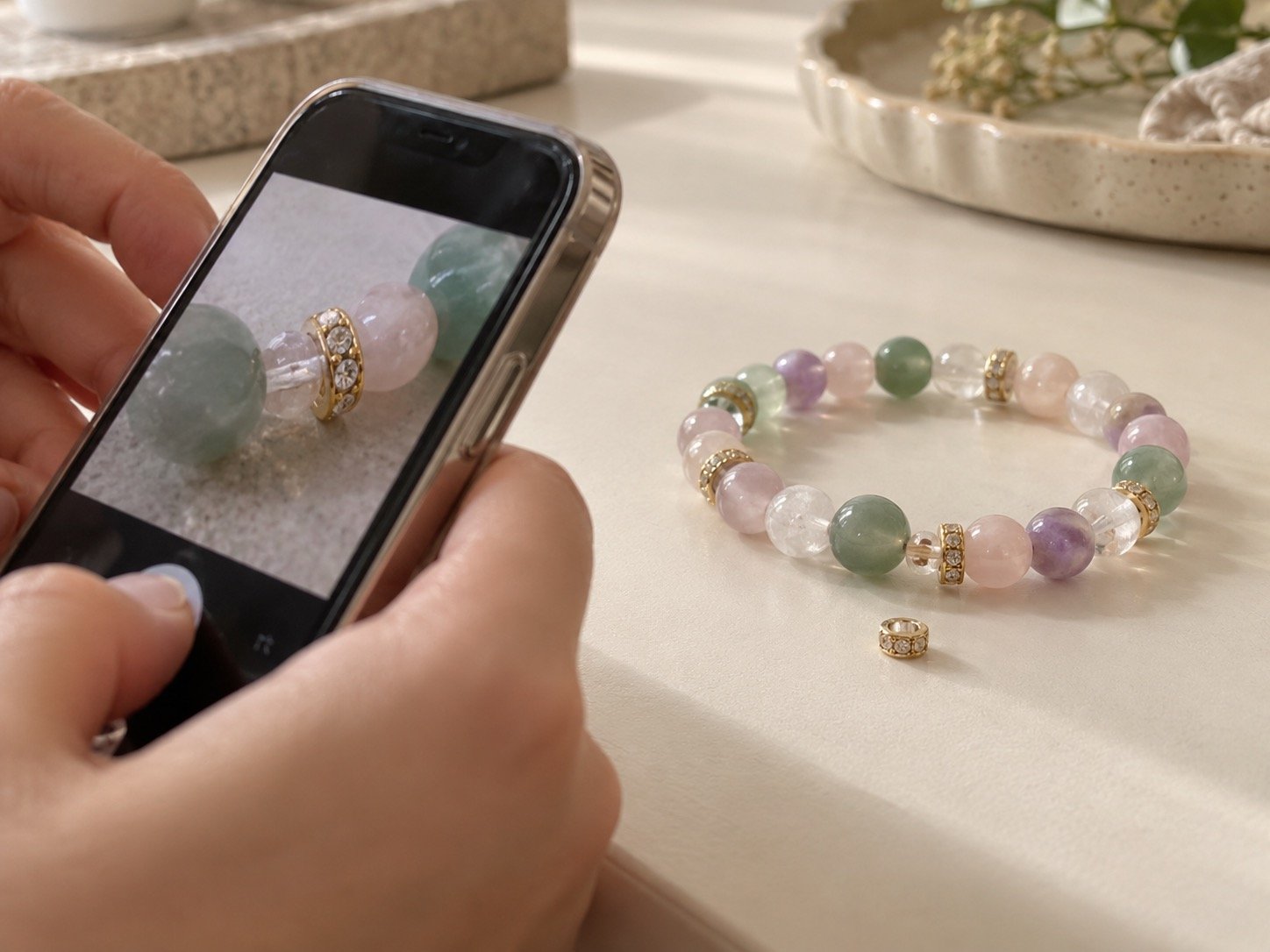 Person photographing a loose metal spacer beside a bead bracelet on a table