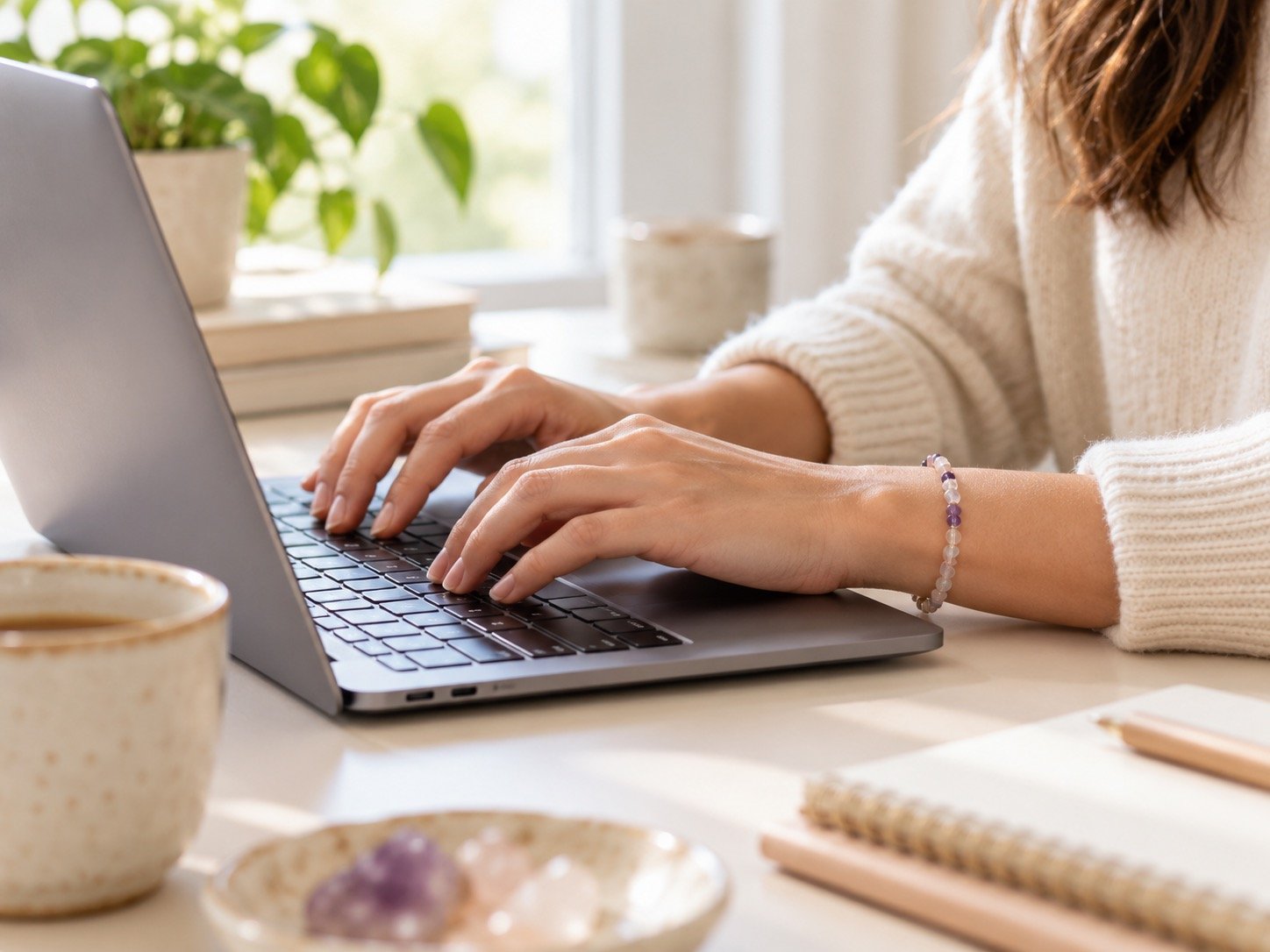 Hands typing at a laptop with a small purple and white bead bracelet on one wrist