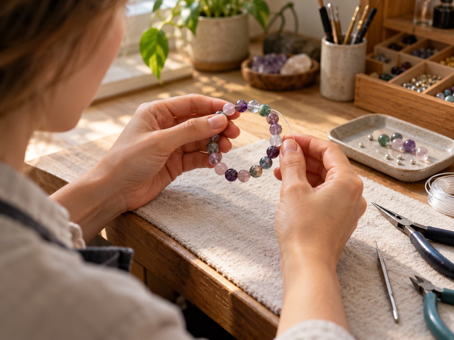 Hands inspecting the elastic cord and beads of a crystal bracelet on a worktable