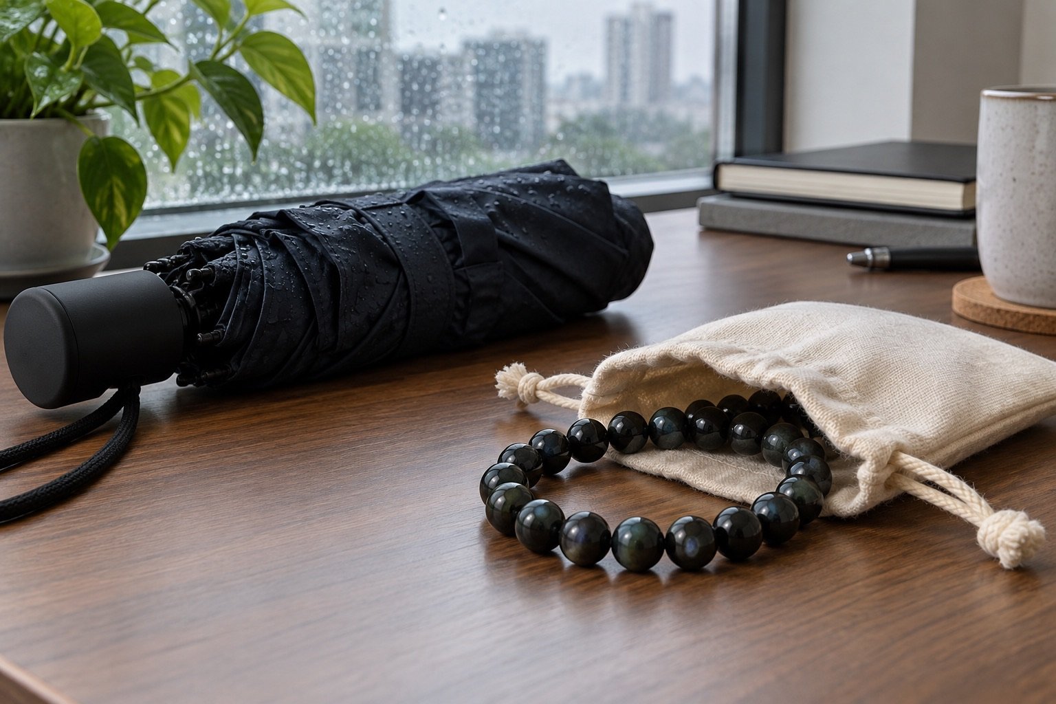 Dark bead bracelet in an open cotton pouch beside a folded umbrella on a dry desk