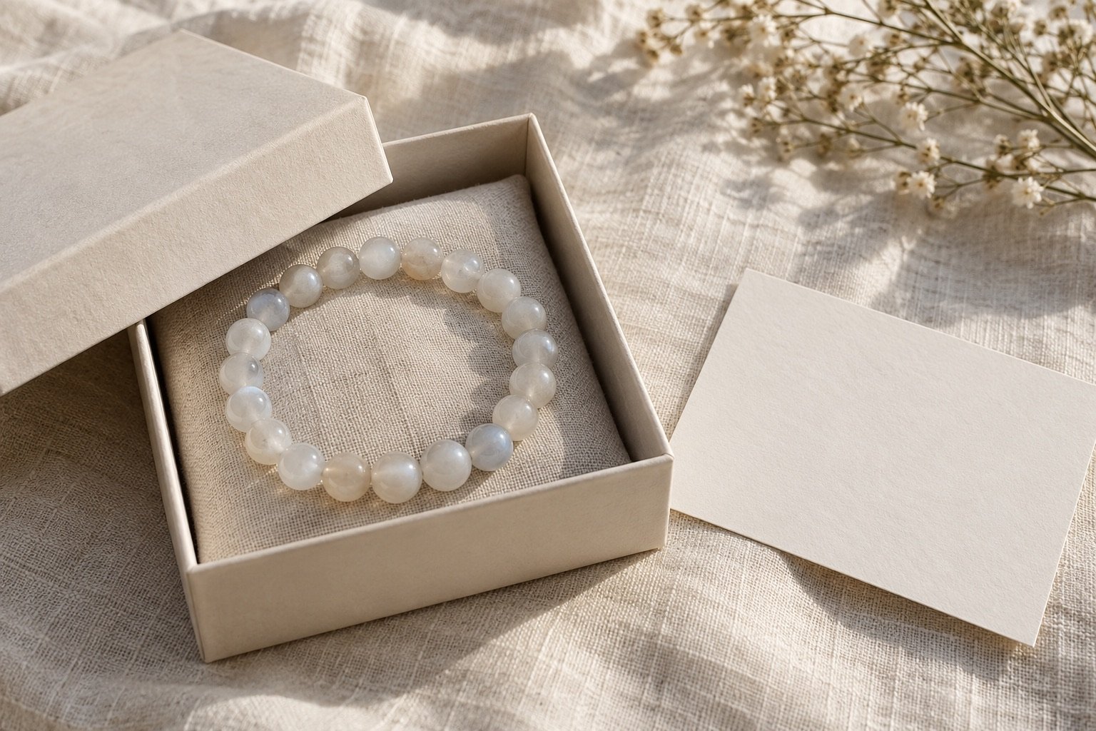 Simple milky bead bracelet in a plain paper gift box beside an unmarked card