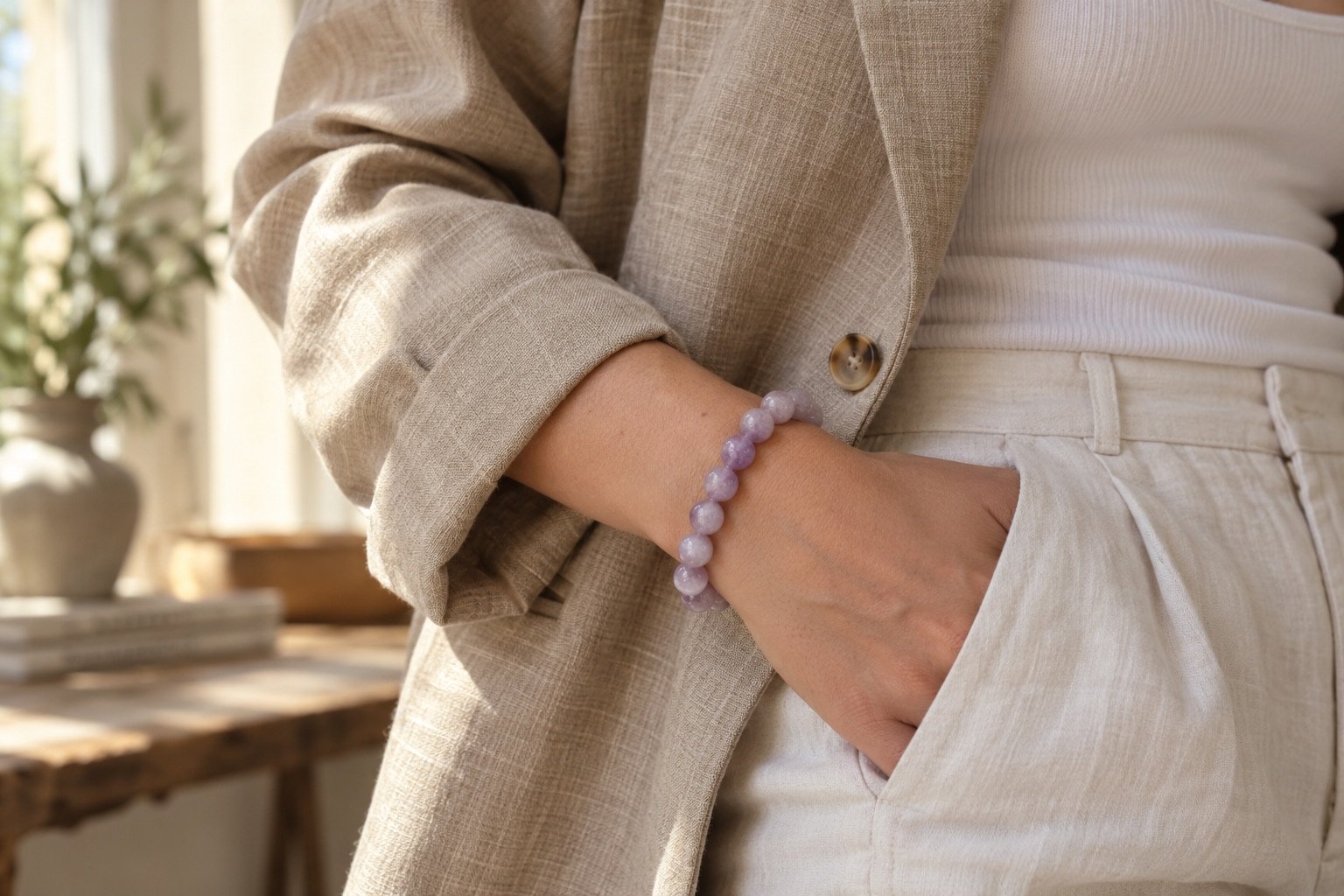 Lavender bead bracelet resting against the cuff of a beige linen blazer