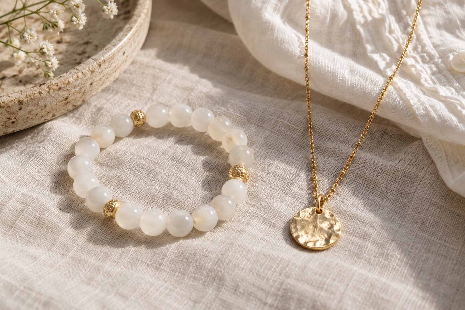 Milky white bead bracelet and a delicate gold-tone pendant necklace on ivory linen