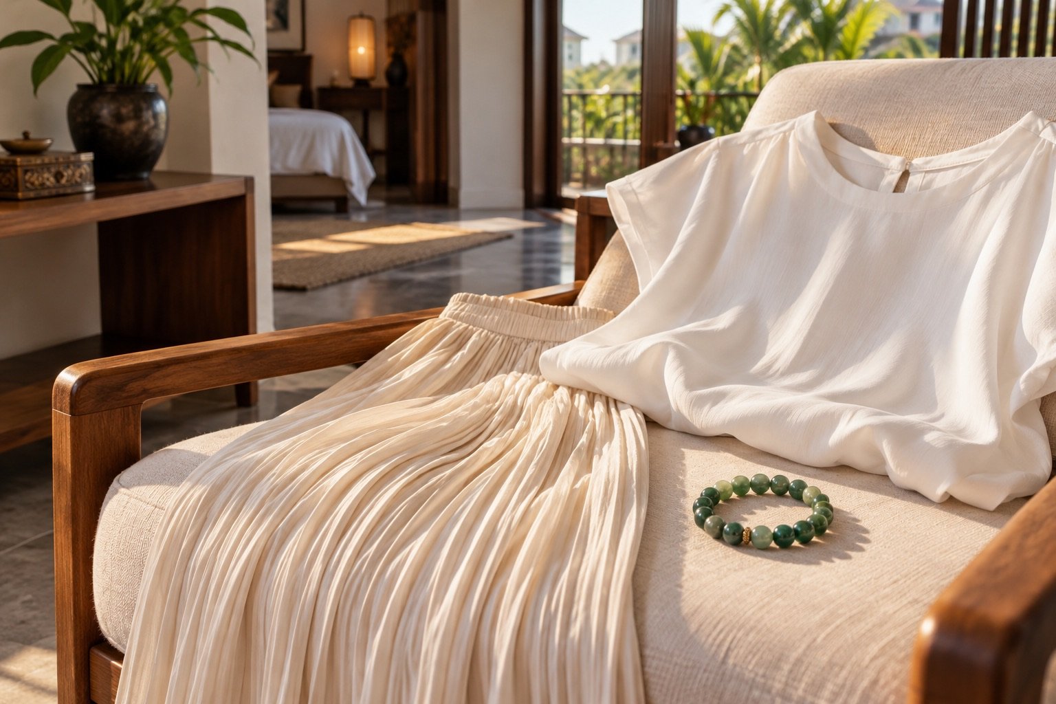 Green bead bracelet beside a softly pleated ivory skirt and simple blouse