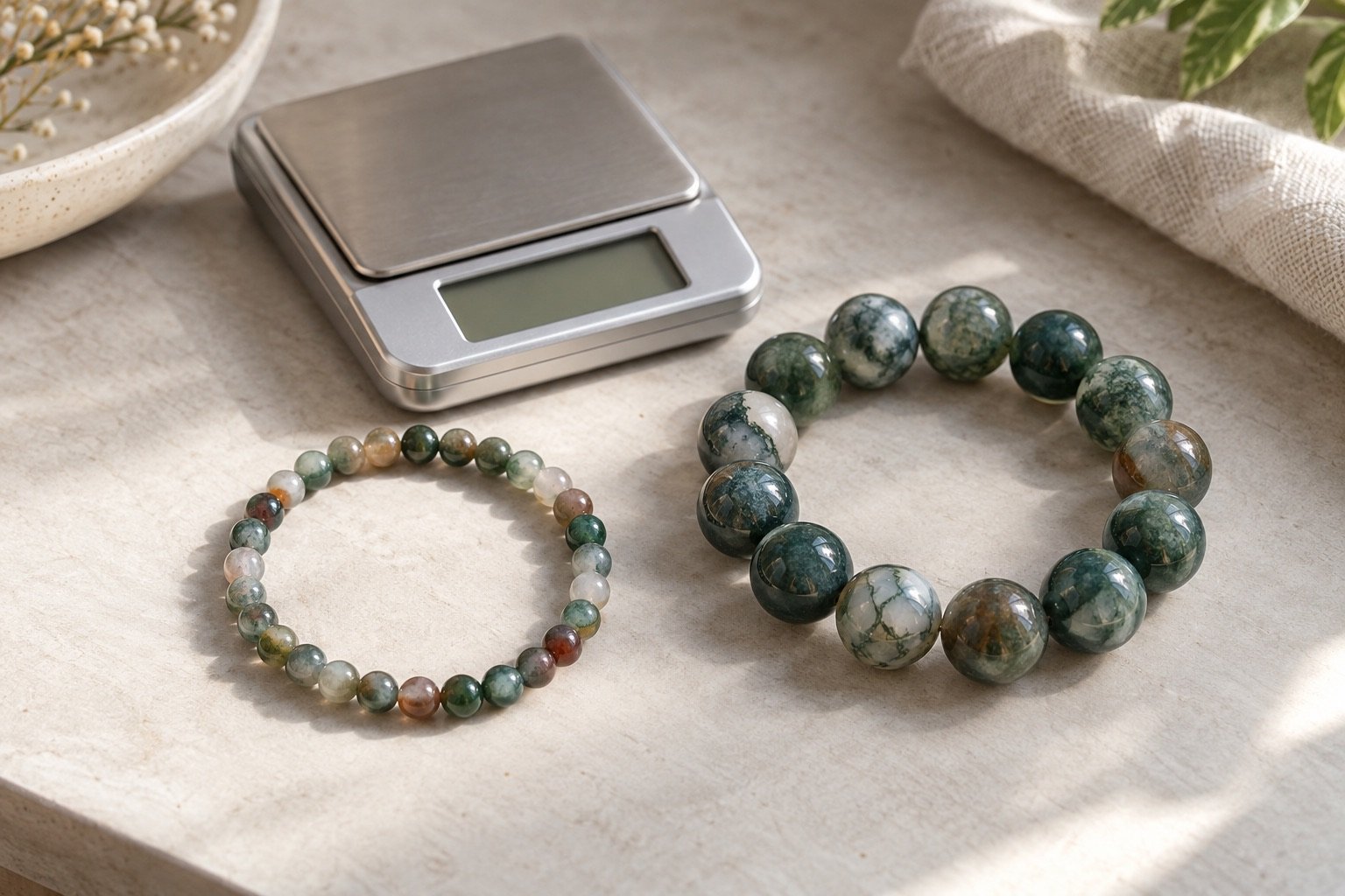 Two different-size gemstone bead bracelets beside a small jewelry scale on a neutral desk