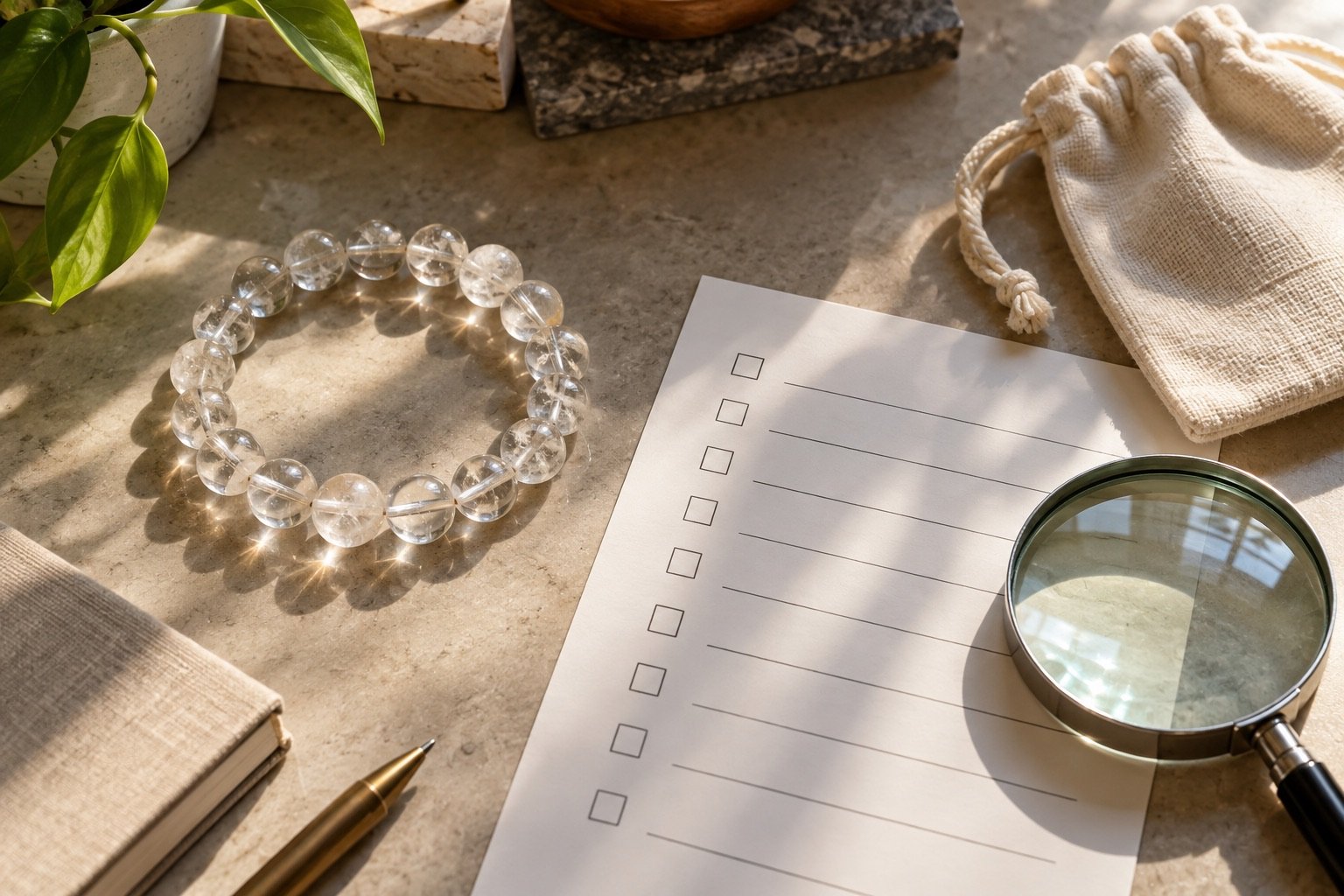 Translucent bead bracelet beside a blank material checklist and magnifying glass