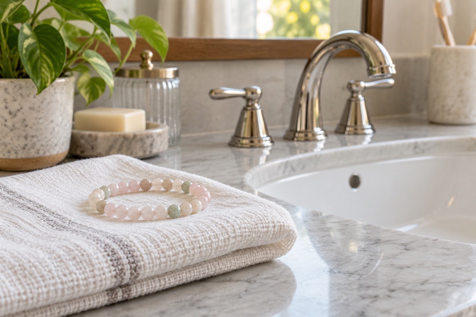 Pale gemstone bead bracelet resting on a dry folded cloth beside a bathroom sink