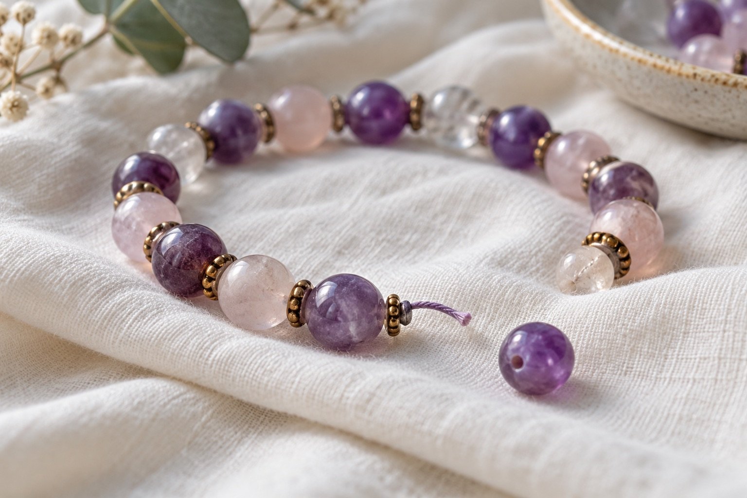 Gemstone bead bracelet with a visible gap in the strand on a soft cloth, with loose bead nearby