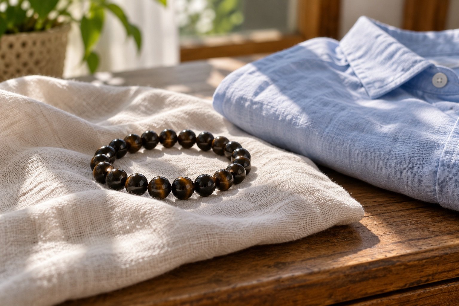 Dark gemstone bracelet on a dry cotton cloth beside a folded light shirt after a warm day