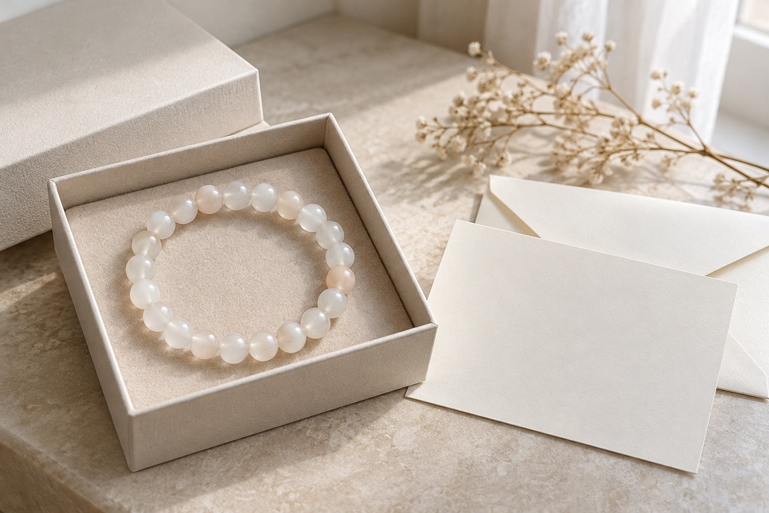 Pale moonstone-like bead bracelet in a plain gift box with a blank card and envelope