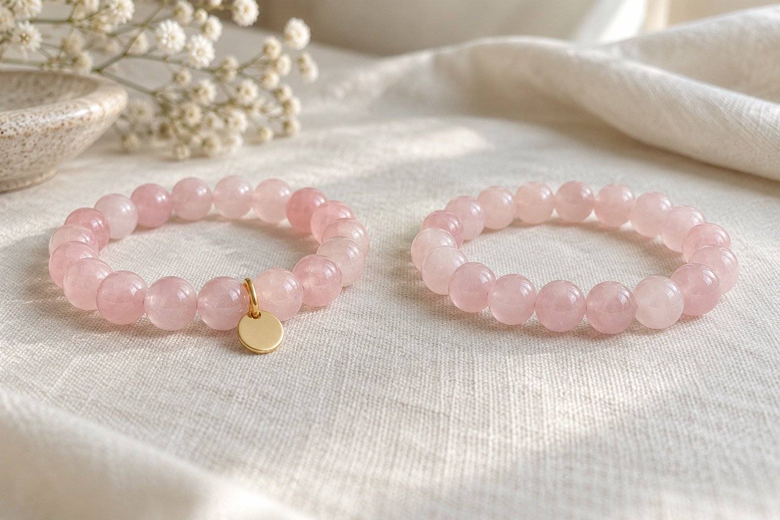 Two pale pink gemstone bracelets on linen, one with a small plain metal charm and one without a charm