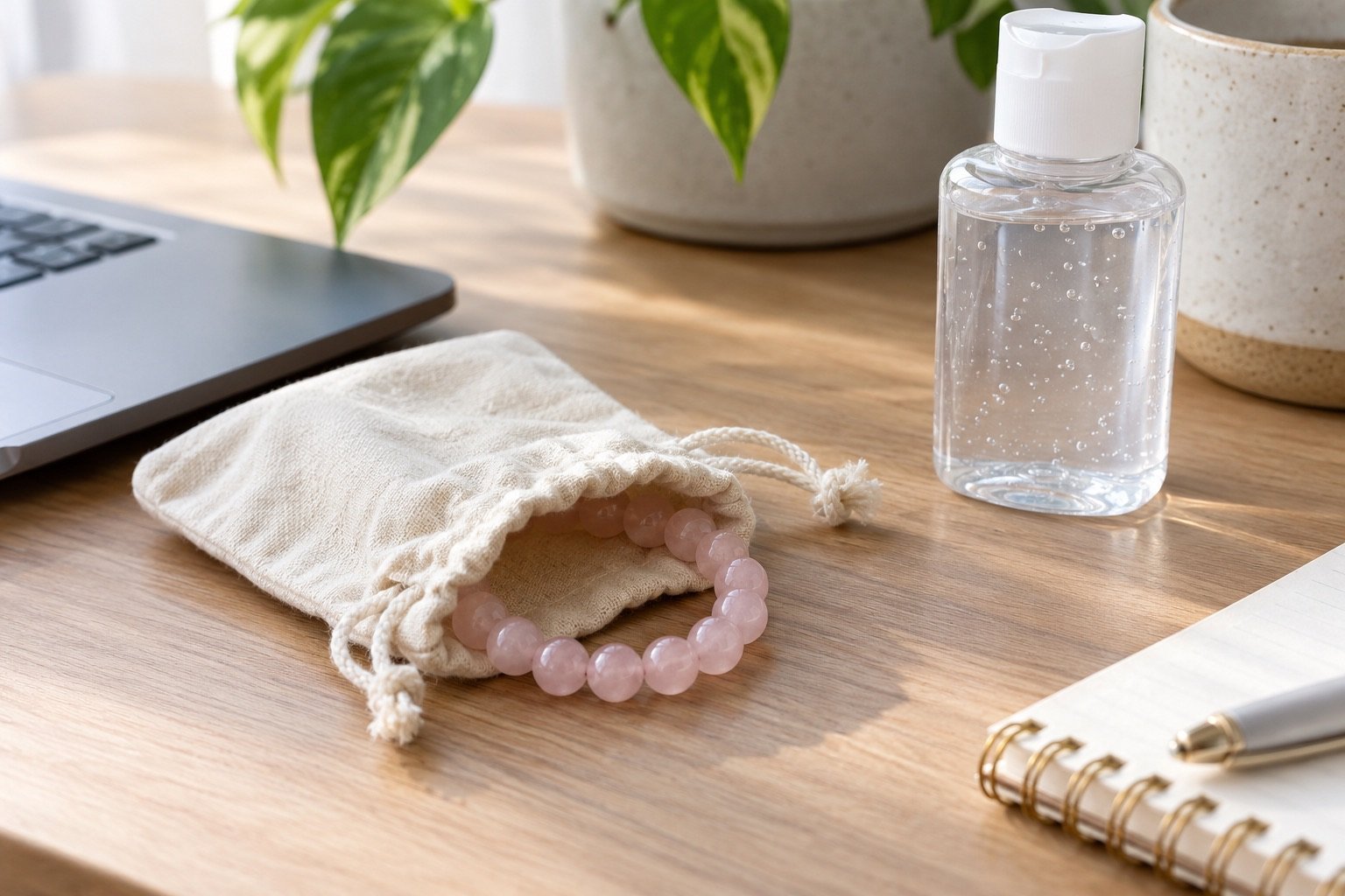 Pale pink gemstone bracelet in a cotton pouch beside an unbranded hand sanitizer bottle on a desk
