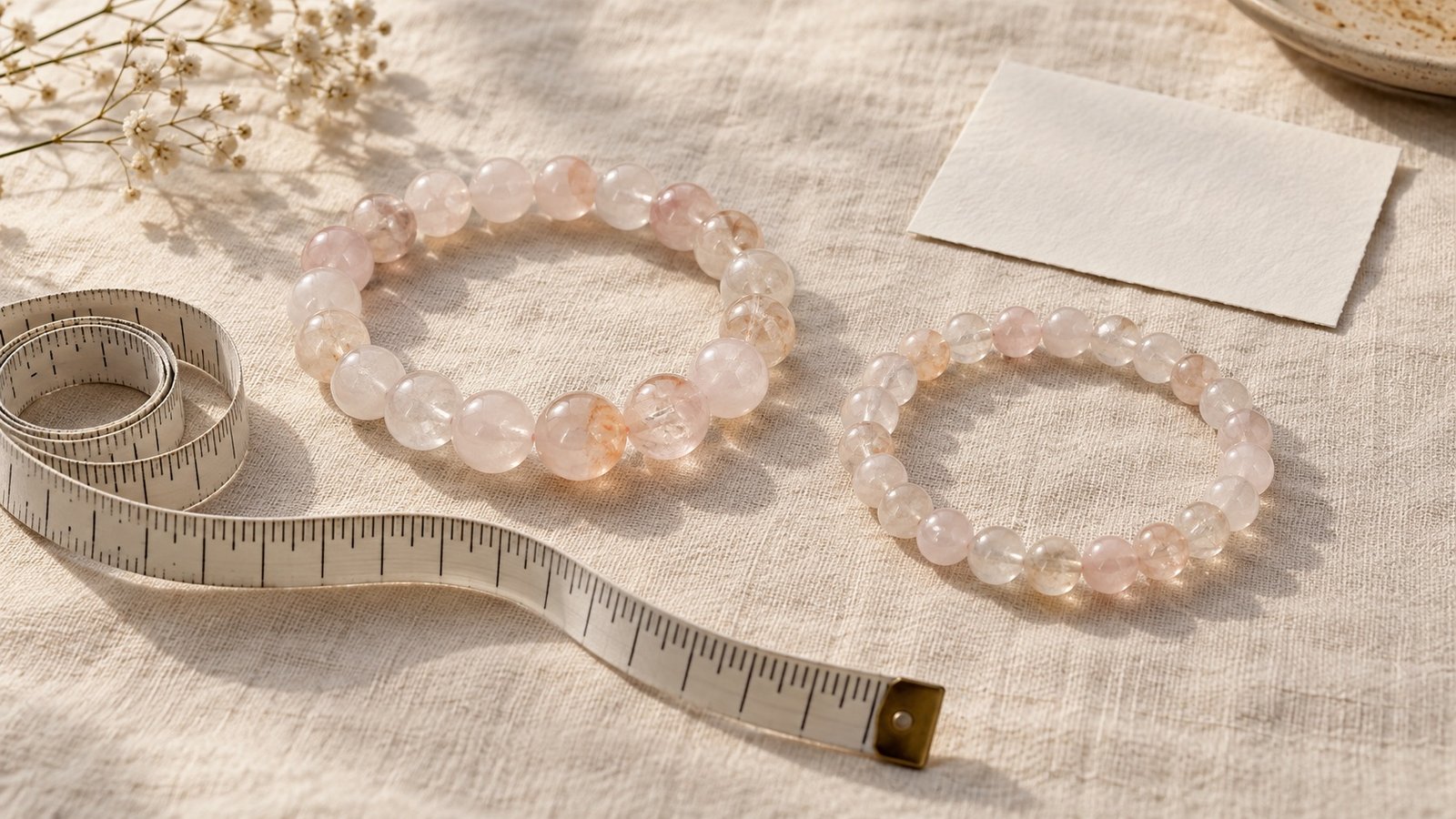Flexible measuring tape beside two pale gemstone bracelets of different circumferences on linen