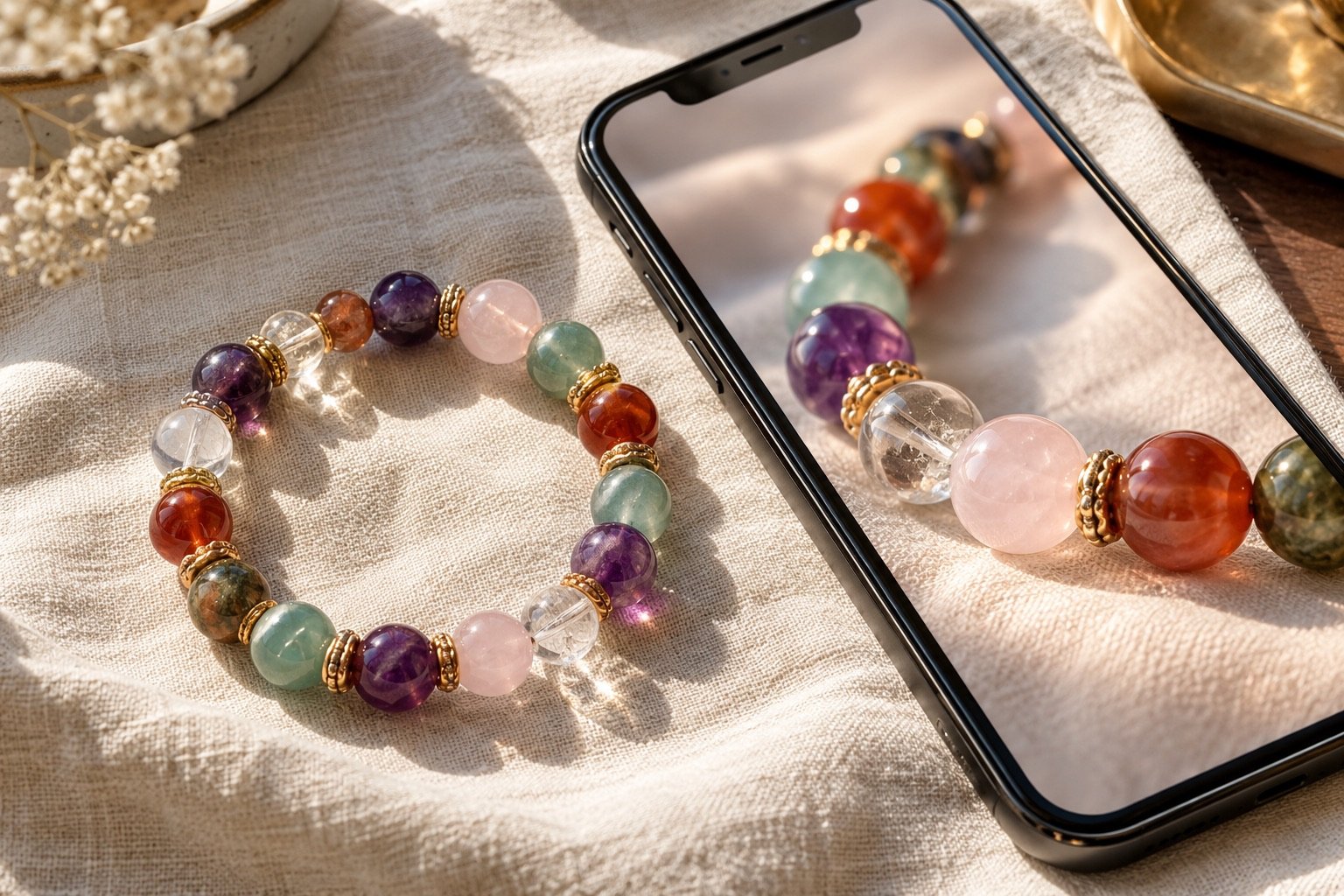 Multicolour gemstone bracelet beside a phone displaying a close-up jewelry photograph with no readable text