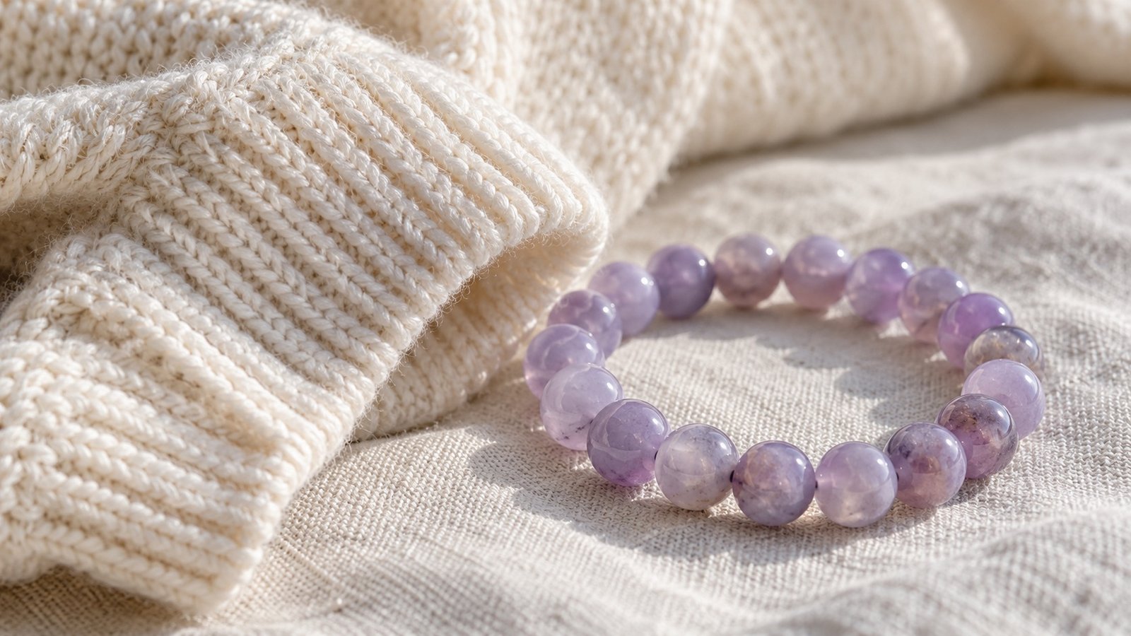 Lavender gemstone bead bracelet resting beside the cuff of a soft cream knit sweater