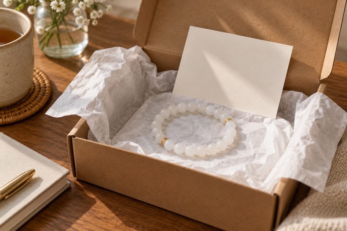 White gemstone bead bracelet in an open plain parcel box with tissue and a blank order card