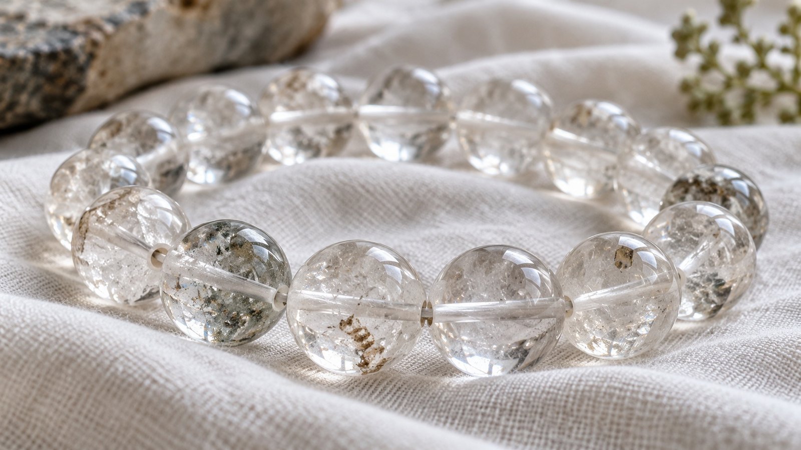 Close-up of translucent gemstone bracelet beads showing smooth drilled holes and elastic string on a soft cloth
