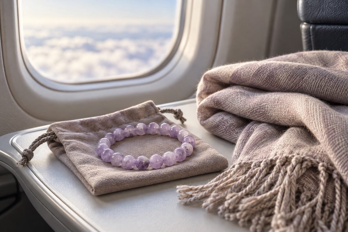 Lavender gemstone bead bracelet on a soft travel pouch beside a folded scarf at an aircraft window seat
