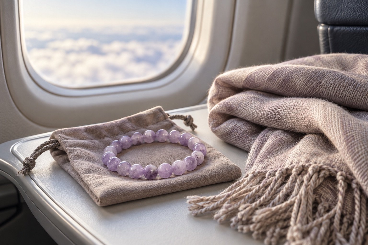 Lavender gemstone bead bracelet on a soft travel pouch beside a folded scarf at an aircraft window seat