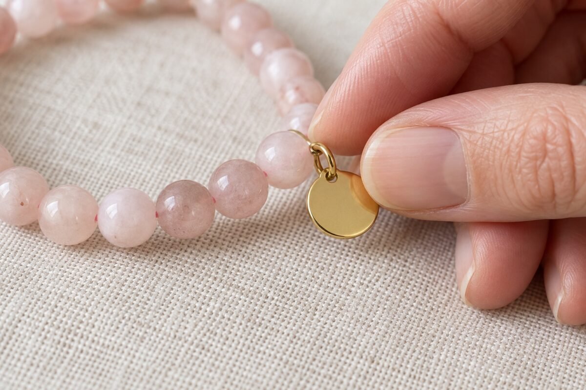 Fingertips gently holding a plain gold-tone charm and connecting ring on a pink bead bracelet