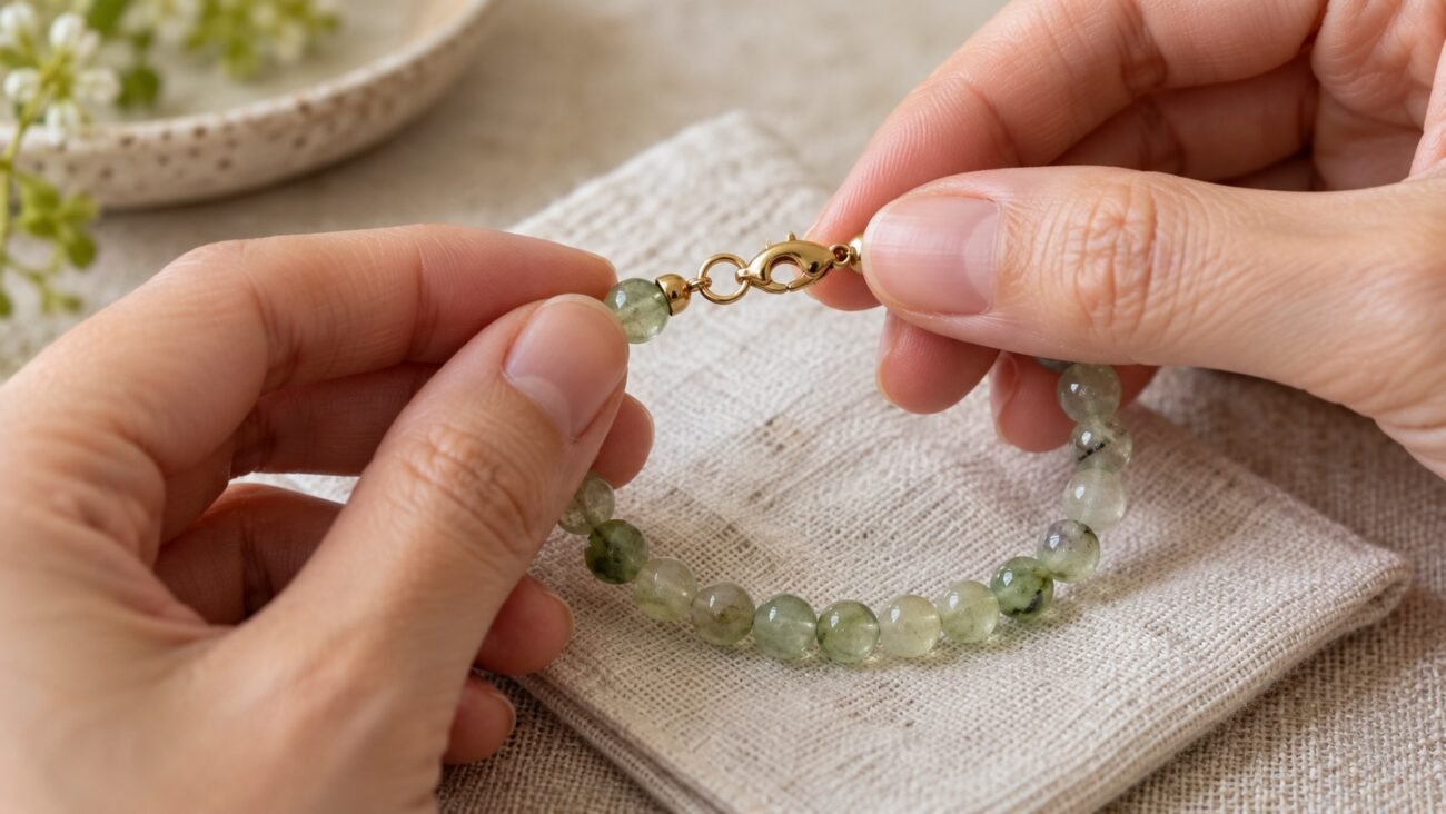 Hands gently inspecting a gold-tone lobster clasp on a pale green gemstone bracelet over linen
