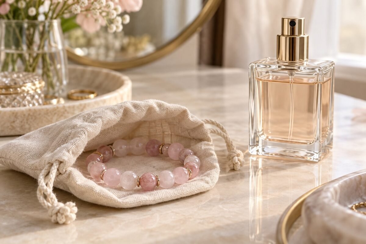 Pink gemstone bracelet resting in an open cotton pouch beside an unlabelled perfume bottle on a vanity