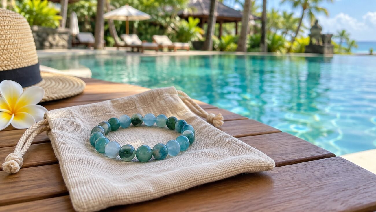 Blue-green gemstone bracelet resting dry on a beige fabric pouch beside a swimming pool