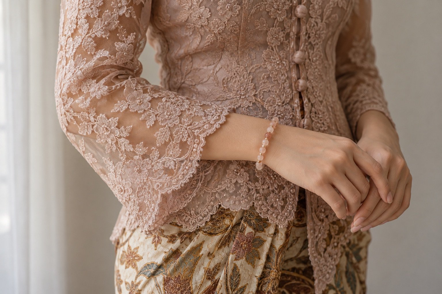 Peach gemstone bead bracelet worn beside the embroidered lace sleeve of a kebaya-inspired outfit