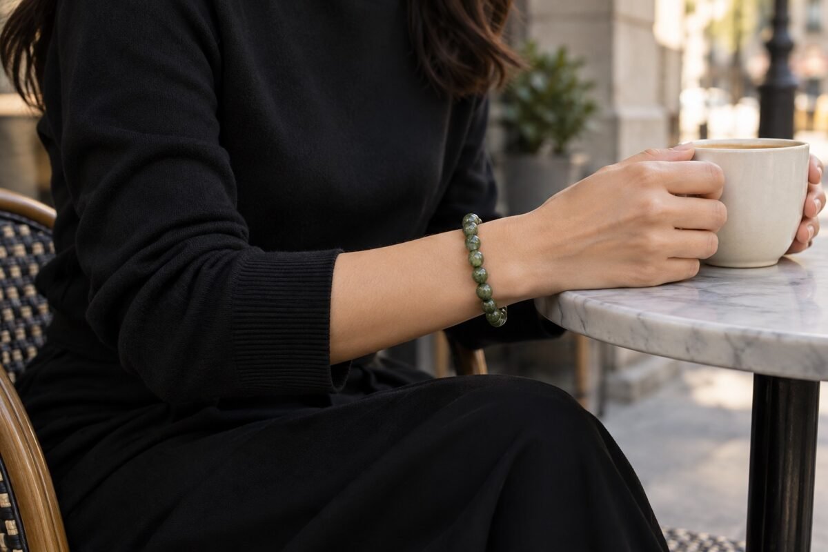 Muted green gemstone bead bracelet worn with a black long-sleeve outfit while holding a plain cup
