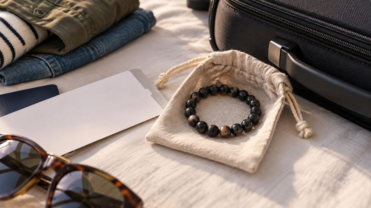 Dark gemstone bead bracelet in an open fabric pouch beside blank travel papers and a carry-on bag