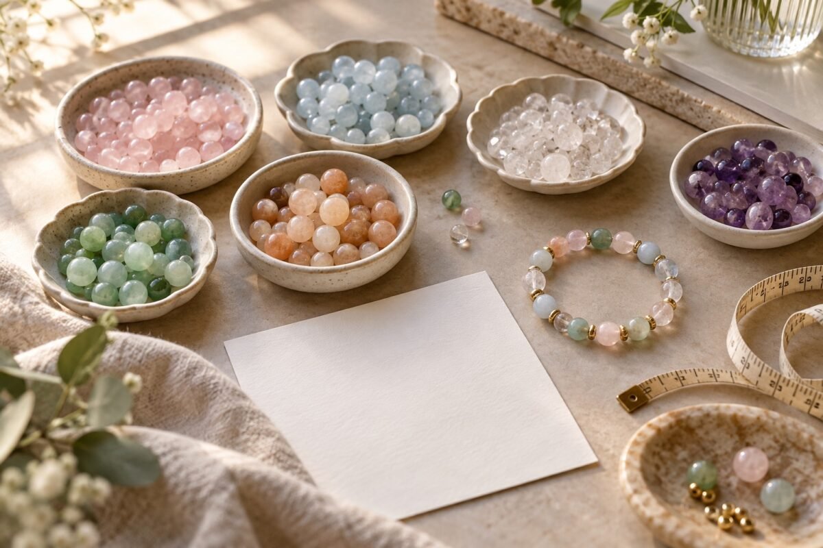 Bowls of coloured gemstone beads, a sample bracelet, blank card and measuring tape on a design table