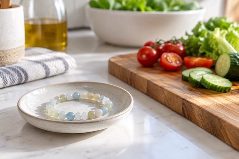 Pale gemstone bead bracelet set in a dry ceramic dish away from a kitchen cutting board and vegetables