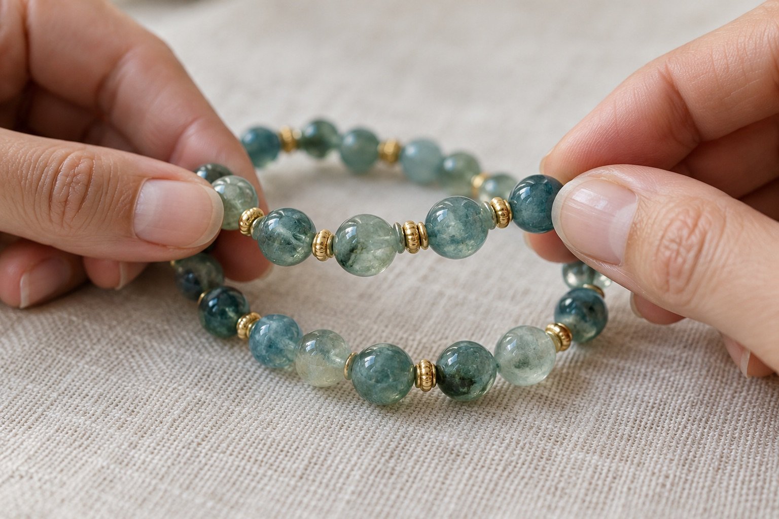 Hands inspecting gold-tone spacer beads on a blue-green gemstone bracelet over a linen surface