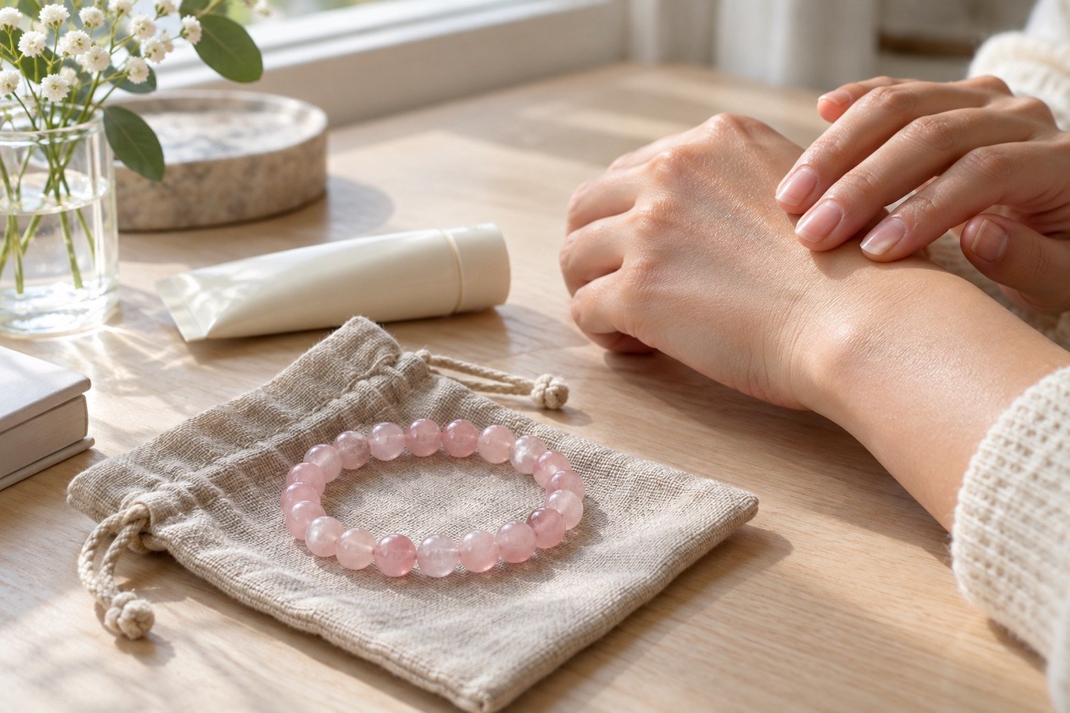 Pink gemstone bracelet on a linen pouch beside a plain hand cream tube while hands apply cream