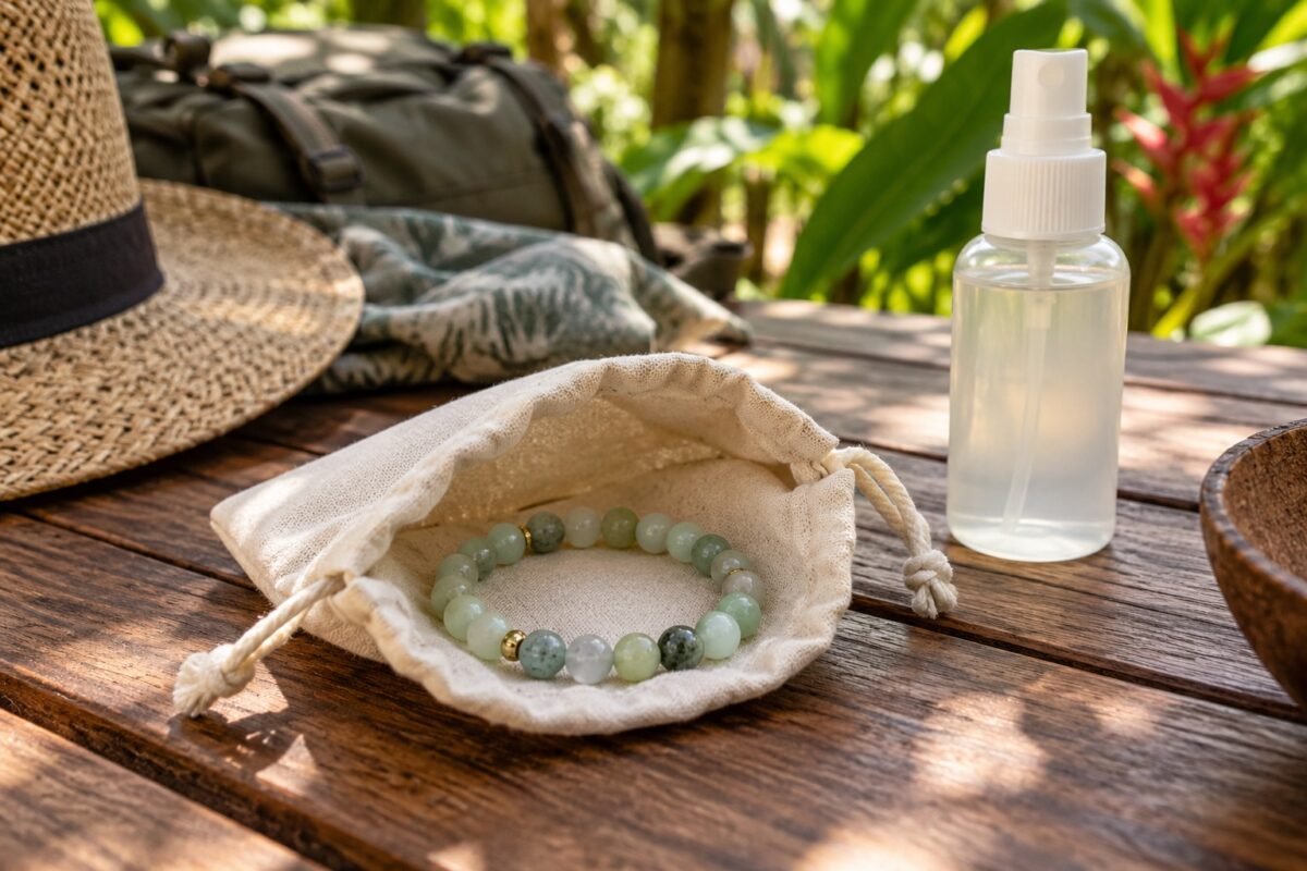 Green gemstone bead bracelet in a cotton pouch beside an unlabelled insect repellent bottle on a garden table