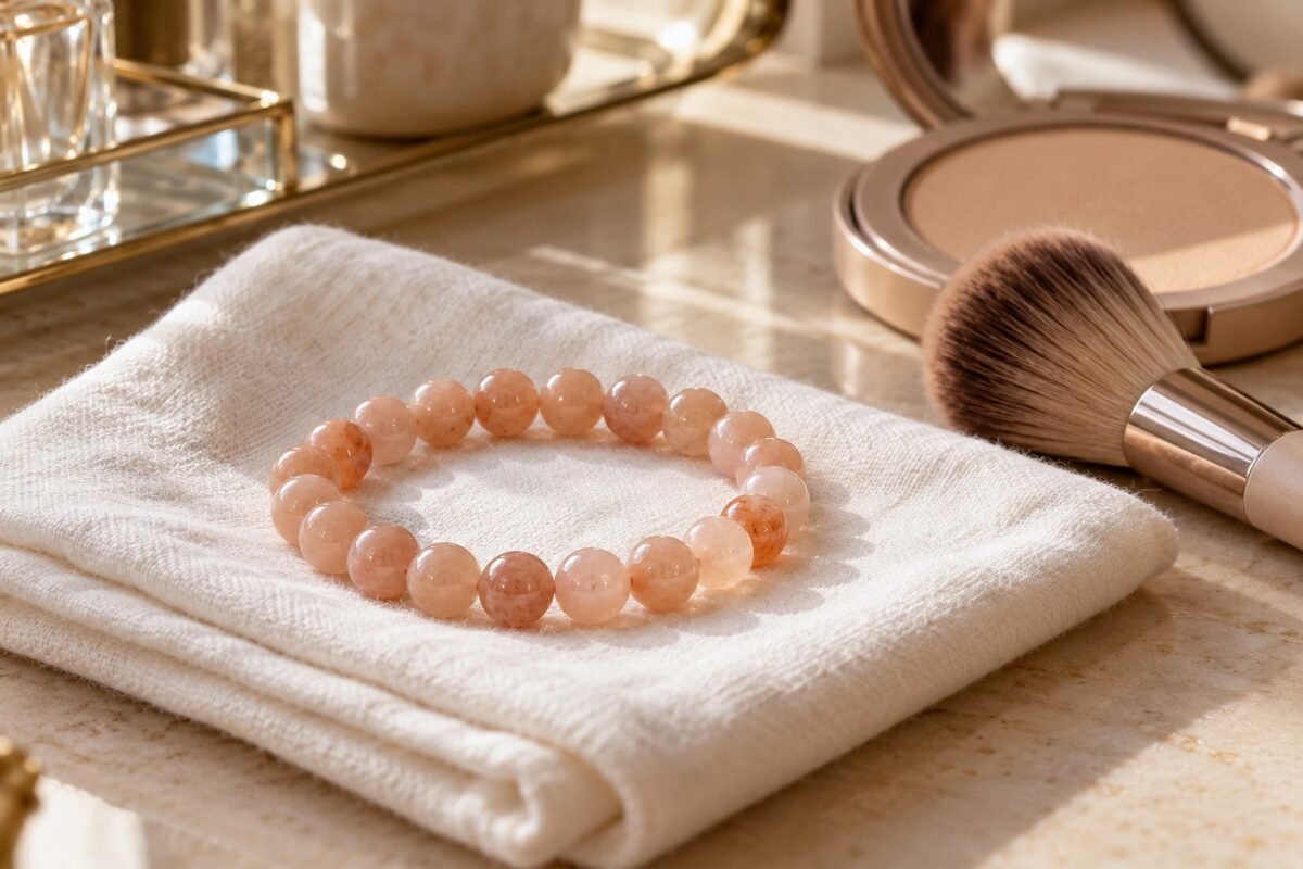 Peach-pink gemstone bracelet on a soft cloth beside an open powder compact and makeup brush