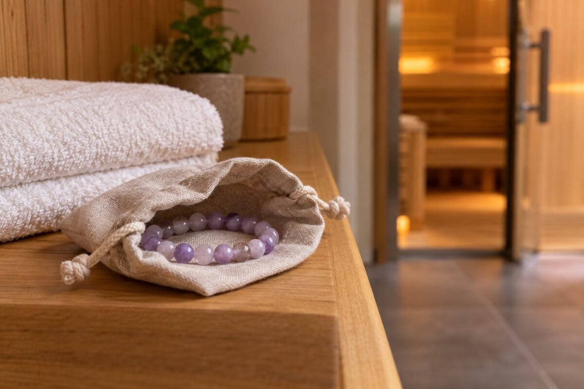 Lavender gemstone bracelet in an open cloth pouch beside folded towels in a spa changing area