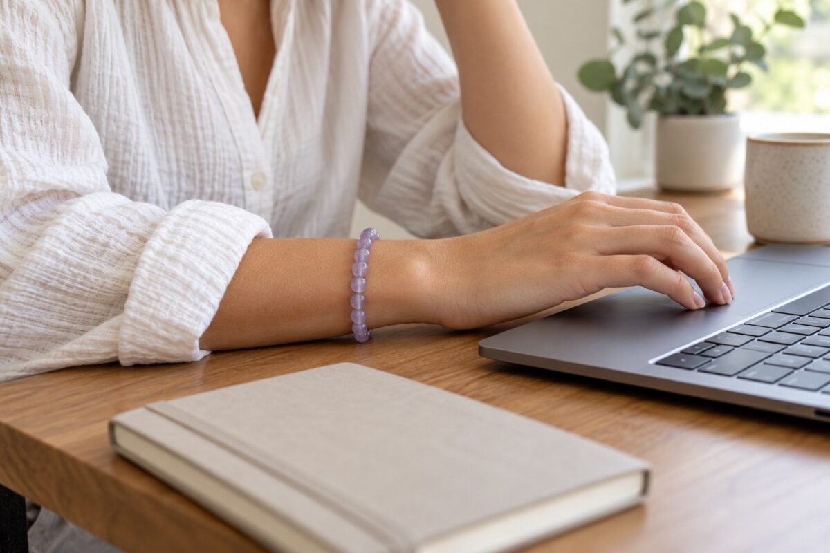Lavender gemstone bracelet worn at a laptop desk beside a notebook and warm daylight