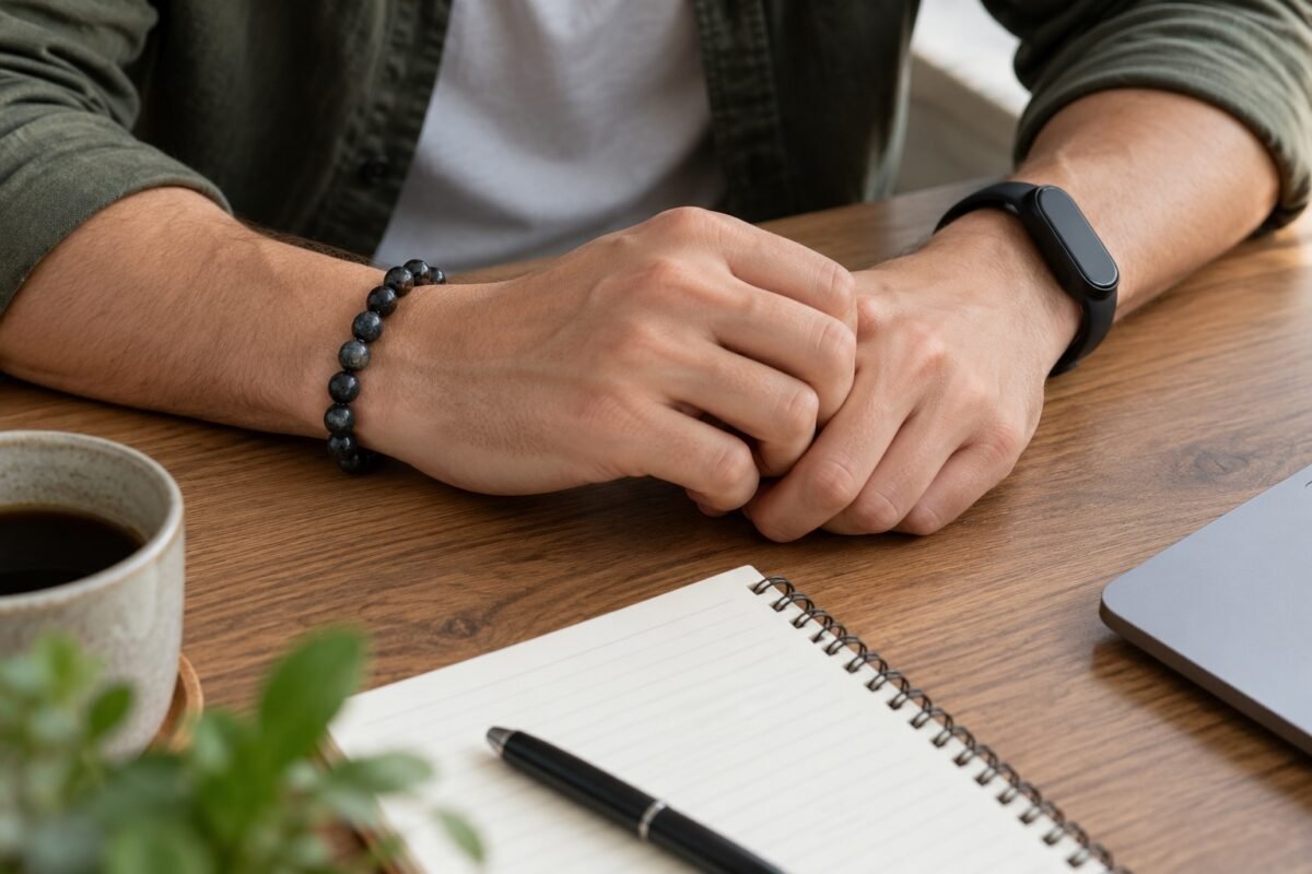 Dark gemstone bead bracelet on one wrist and an unbranded black fitness tracker on the other beside a notebook