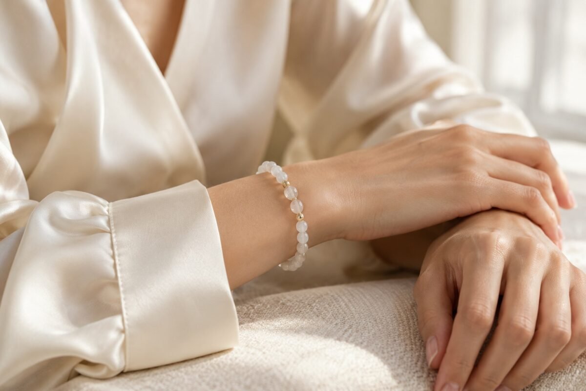 White gemstone bead bracelet worn beside the cuff of an ivory silk blouse in soft daylight