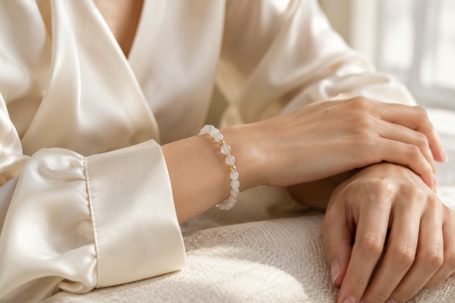 White gemstone bead bracelet worn beside the cuff of an ivory silk blouse in soft daylight