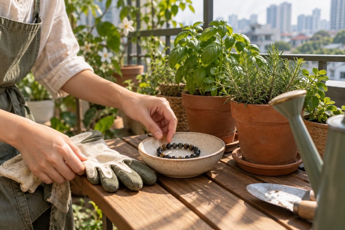 Dark gemstone bracelet in a ceramic dish beside gardening gloves and potted herbs on a balcony