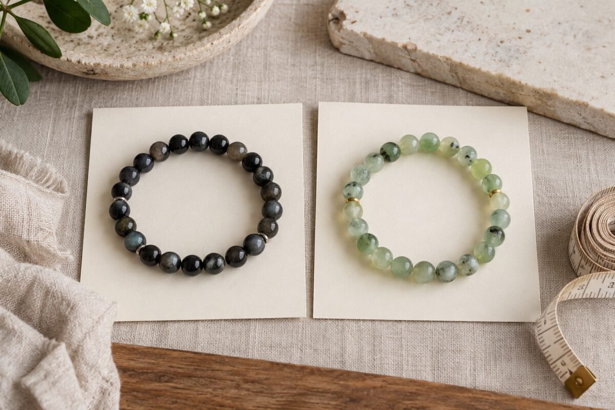 Dark and pale green gemstone bracelets laid separately on blank cards beside a measuring tape