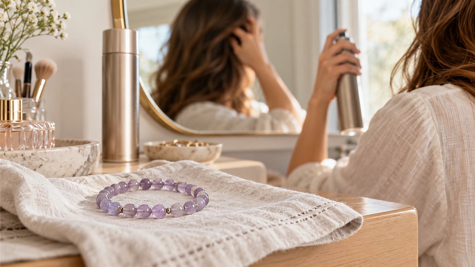 Lavender gemstone bracelet on a clean cloth at a vanity while a person uses an unlabelled hair spray in the background