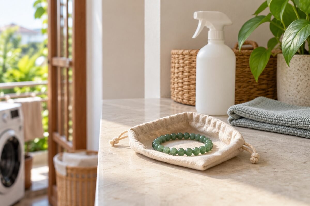 Green gemstone bracelet in a soft pouch on a dry laundry counter away from an unlabelled cleaning spray bottle