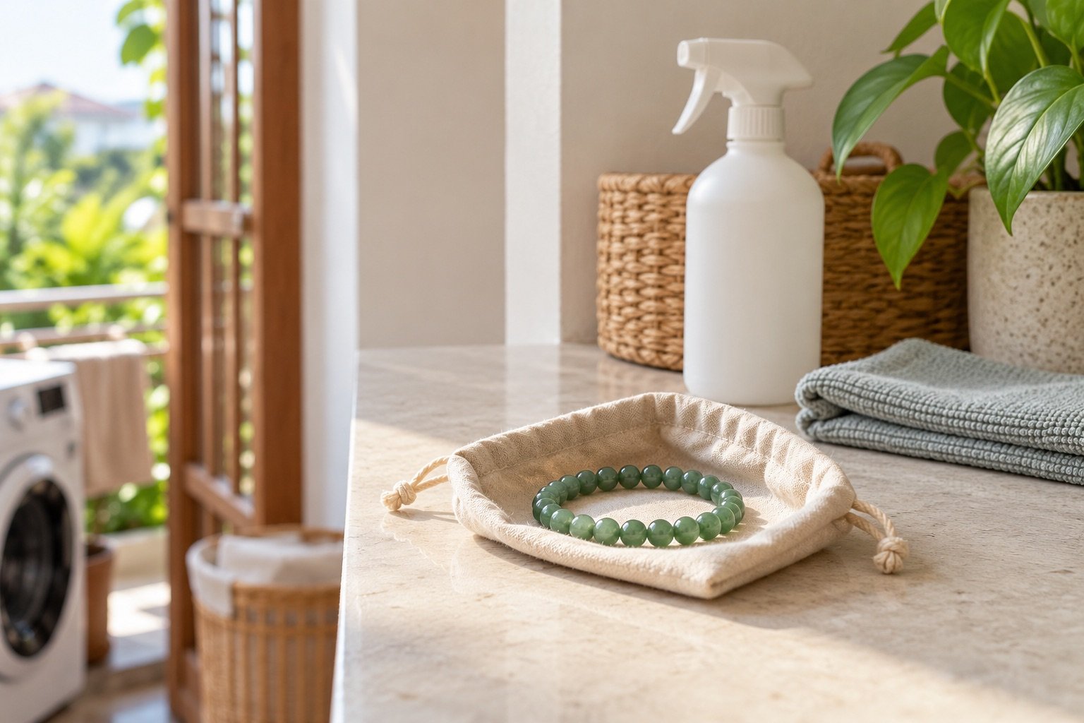Green gemstone bracelet in a soft pouch on a dry laundry counter away from an unlabelled cleaning spray bottle